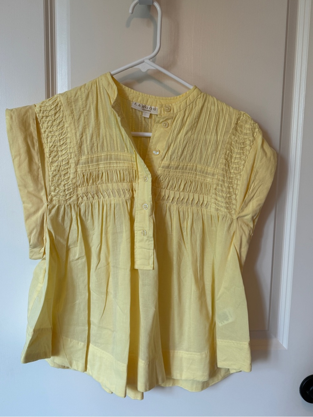 Larroude Pale Yellow Pintuck & Smocked Short-Sleeve Blouse